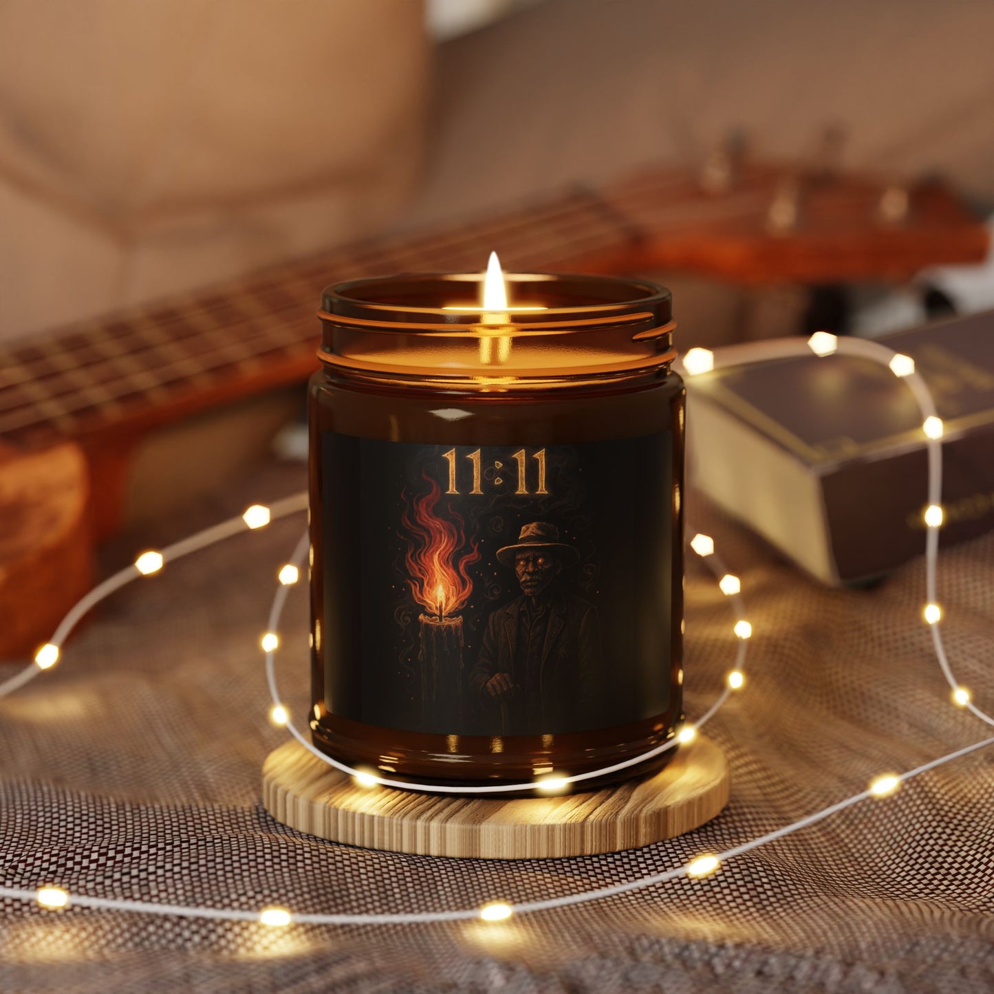11:11 Amber Jar Soy Candle — Mystical Scented Candle with Flaming Figure Label