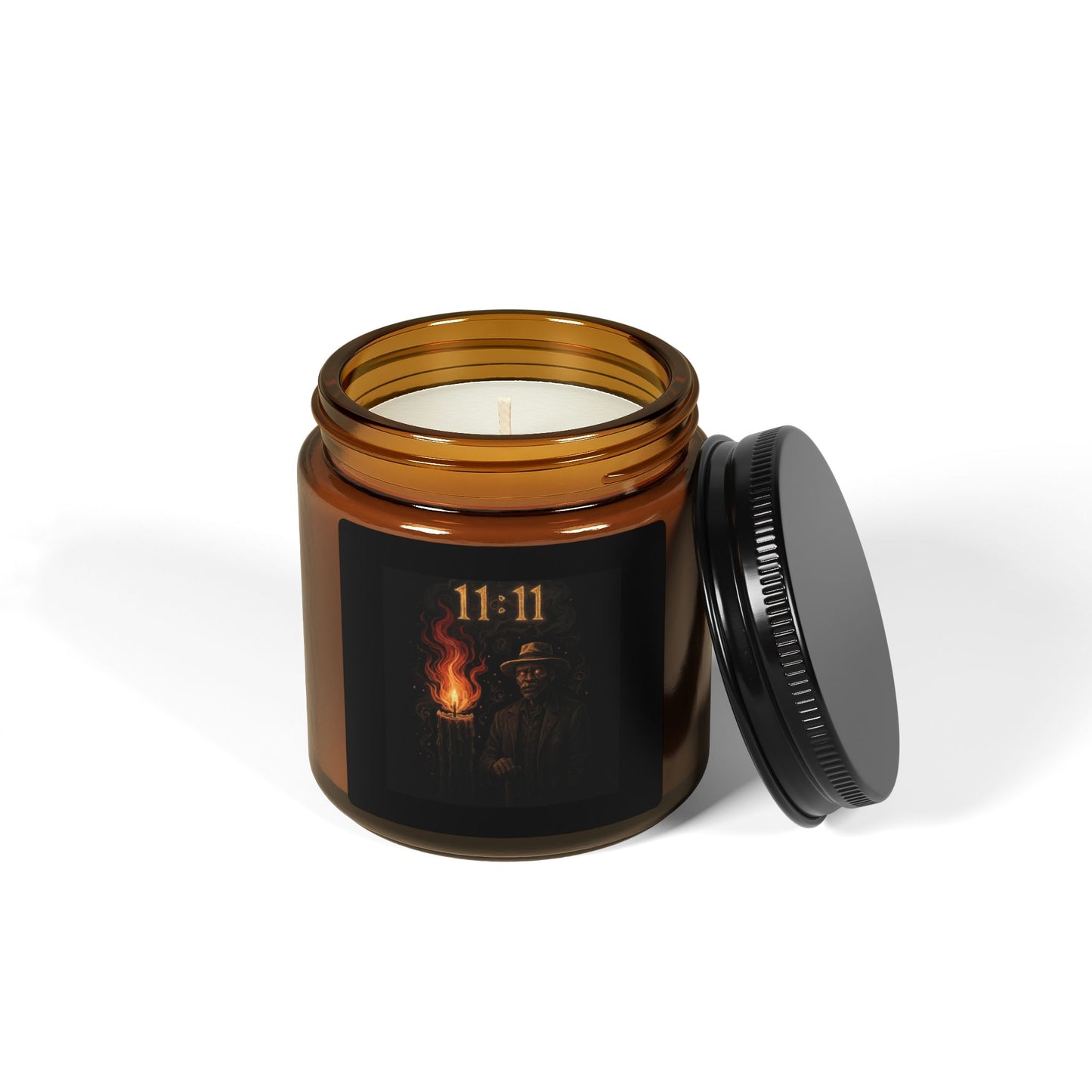 11:11 Amber Jar Soy Candle — Mystical Scented Candle with Flaming Figure Label