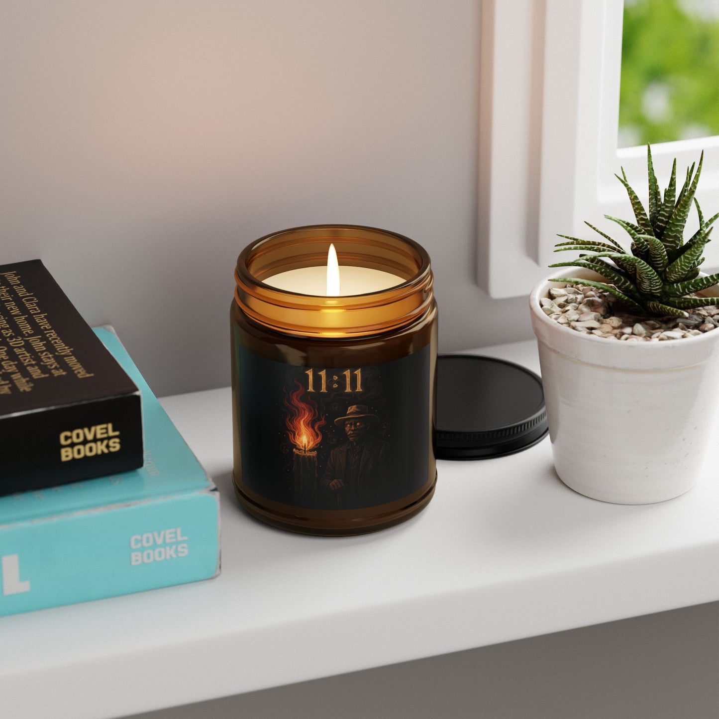 11:11 Amber Jar Soy Candle — Mystical Scented Candle with Flaming Figure Label