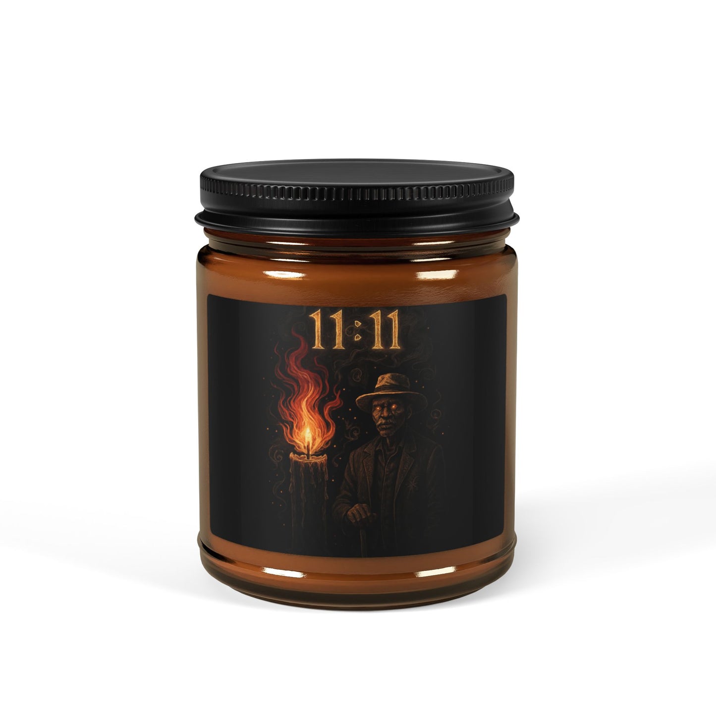 11:11 Amber Jar Soy Candle — Mystical Scented Candle with Flaming Figure Label