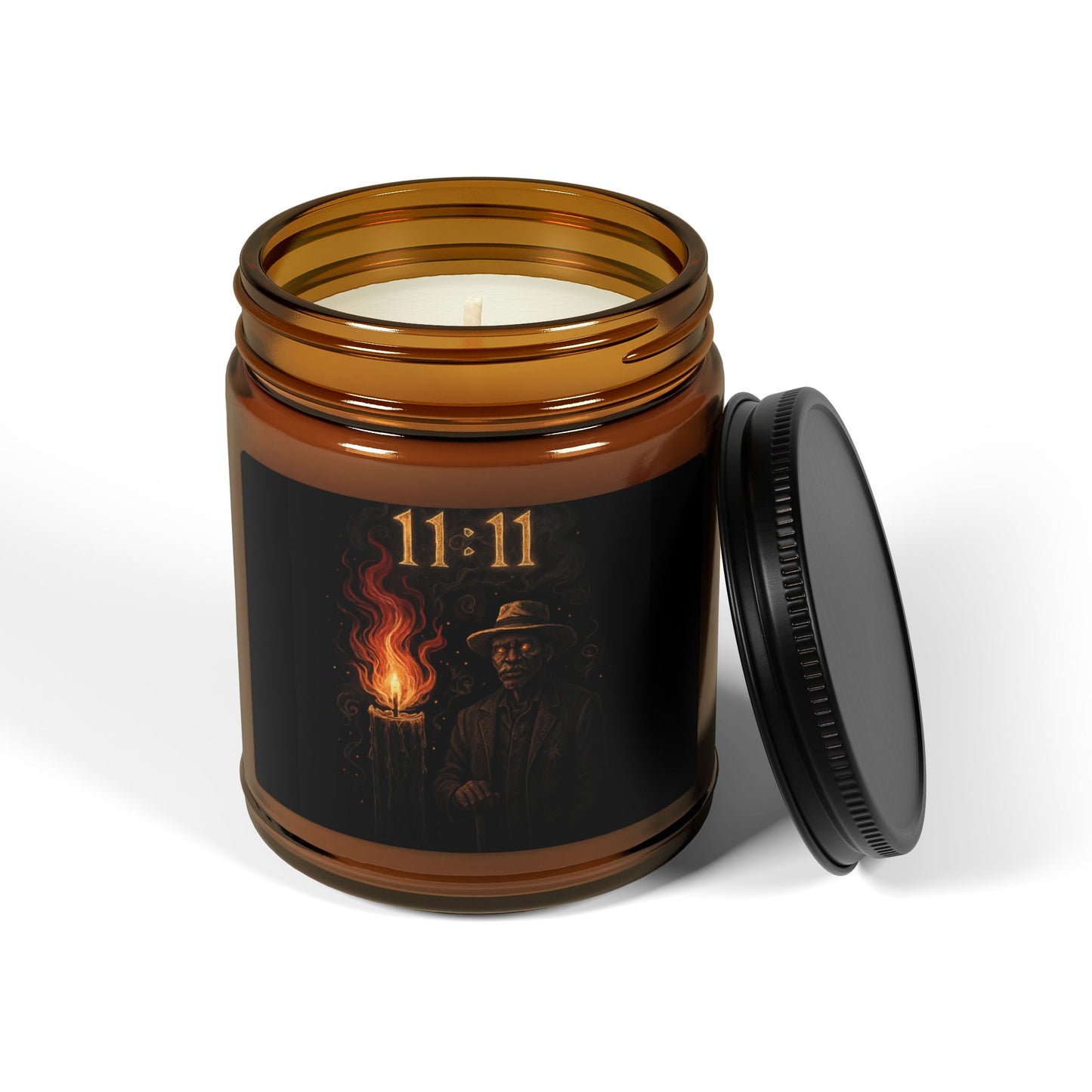 11:11 Amber Jar Soy Candle — Mystical Scented Candle with Flaming Figure Label